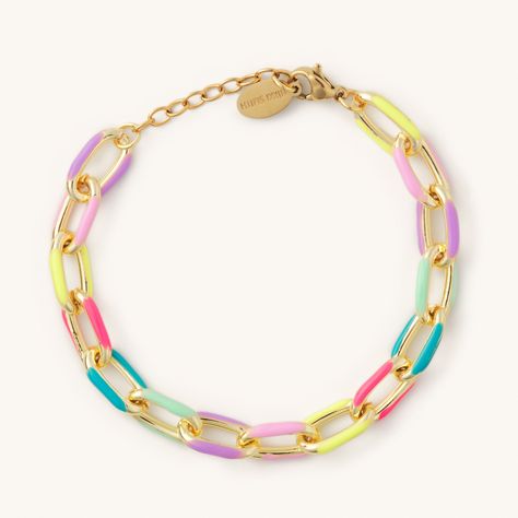 This chain bracelet is such a popular item. You can't go wrong with this fun piece! 14K gold plated. 6 inches with 1.5 inch extender and logo charm Trending Jewelry, Evry Jewels, Preppy Accessories, Multicolor Bracelet, Preppy Jewelry, Jewelry Accessories Ideas, Stacked Jewelry, Jewelry Lookbook, Colorful Bracelets