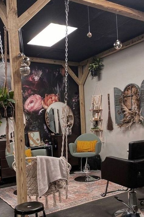 Use bold colors, unique seating and loud decor for a non-traditional salon. Boho Suite Salon, Decorated Salon Suites, Unique Salon Stations, Whimsical Salon Decor, Edgy Salon Interior Design, Maximalist Salon Decor, Small Beauty Salon Interior Design Ideas, Witchy Hair Salon, Eclectic Salon Decor