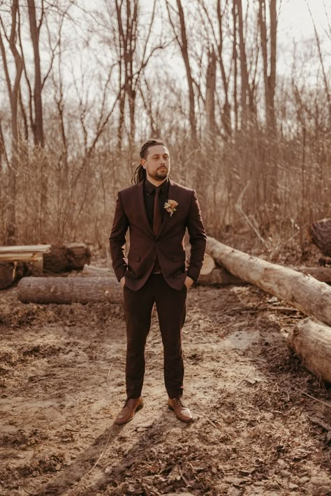 Groomsmen Attire Gothic, Grooms Brown Suit, Maroon Suit For Groom, No Suit Jacket Groomsmen, Merlot Groom Suit, October Groom Attire, Black And Brown Suit Wedding, Non Traditional Groom Suit, October Wedding Suits