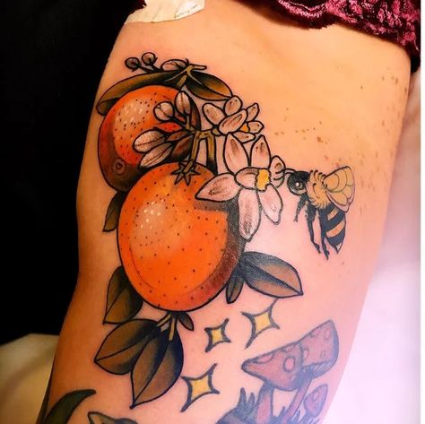 Orange Blossom Tattoo Traditional, Orange Ink Tattoo, Oranges Tattoo, Orange Blossom Tattoo, Hydrangea Orange, Vacation Tattoos, Florida Tattoo, Orange Tattoo, Peach Tattoo