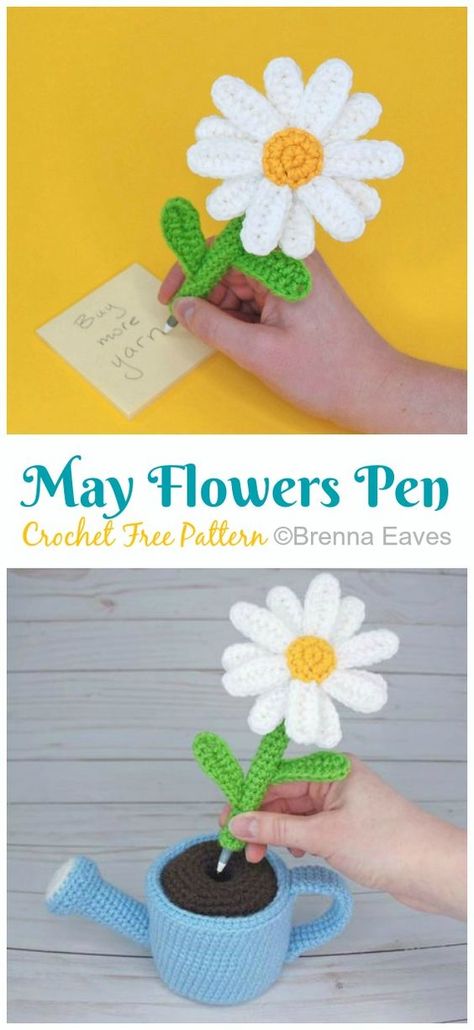 Crochet Pattern For Flowers, Crochet For The Garden, Crochet Flower Pen, Crochet Garden Ideas, Amigurumi Flower Free Pattern, Flower Amigurumi Free Pattern, Crochet Pens, Flower Amigurumi, Amigurumi Flower