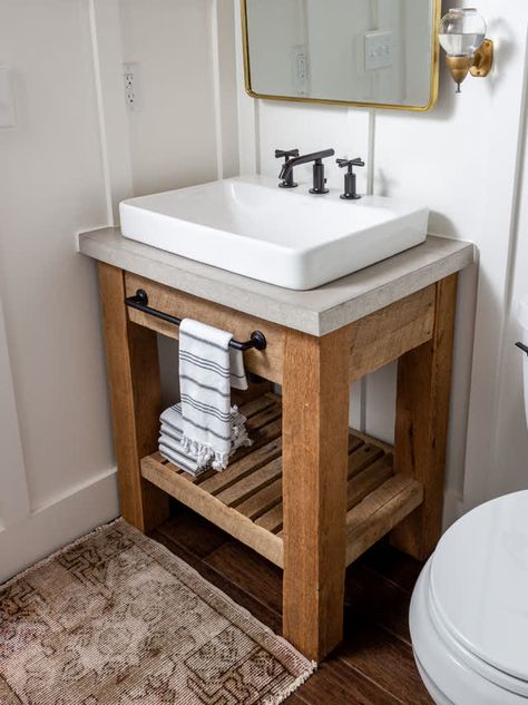 Best Small Bathroom Vanities, Sinks For Half Bath, Bathroom Vintage Vanity Ideas, Half Bath 2023, Cool Bathroom Sink Ideas, Small Bath Sink Ideas, Farm Sink Bathroom Vanity, Small Farmhouse Bathroom Vanity, Bathroom Vanity Concrete Countertop