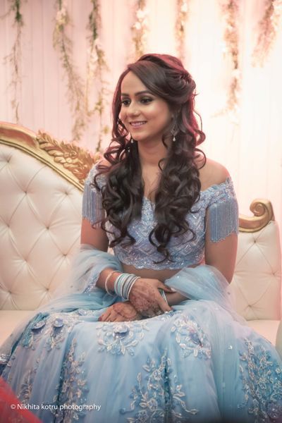 Photo of Light blue engagement lehenga with fringe detailing Blue Engagement Lehenga, Engagement Couple Outfits Indian, Light Blue Lehenga, Engagement Looks, Engagement Party Outfit, Engagement Lehenga, Engagement Look, Indian Wedding Gowns, Lehenga Jewellery