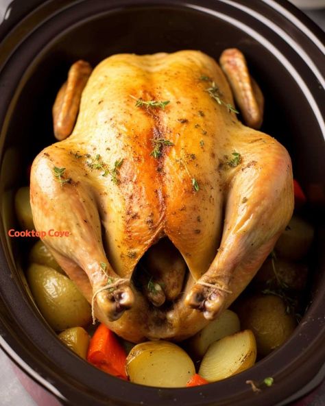 This whole chicken recipe is a complete meal, so you don't need to worry about making sides Slow Cooker Whole Turkey, Crockpot Thanksgiving, Slow Cooker Holiday Recipes, Turkey Breast Crockpot, Turkey Crockpot Recipes, Herbed Butter, Whole Turkey Recipes, Crockpot Turkey, Whole Chicken Recipes