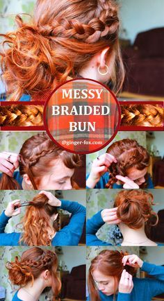 Renfaire Hair, Messy Braided Bun, Curly Hair Inspo Hairstyles, Hair Inspo Hairstyles, Inspo Hairstyles, Upside Down French Braid, Braids Tutorial Easy, Upside Down Braid, Ginger Fox