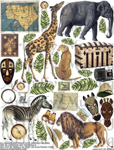 Safari Scrapbook Layouts, Africa Collage, Safari Scrapbook, Safari Poster, Map Collage, Pith Helmet, Africa Animals, Magical Book, Miniature Projects