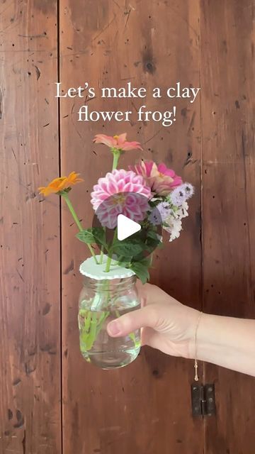 Dina on Instagram: "This clay flower frog is such a simple DIY, anyone can do it!  It fits perfectly on top of my thrifted mason jars to make a sweet gift with my garden blooms. . . Will you try it? . . #flowerfrog #diyproject #florals #flowerarranging #flowercrafts #simpleliving" Diy Flower Frog, Diy Flower Frog Clay, Flower Frogs, Air Dry Clay Flower Frogs, Clay Flower Frog, Pottery Flower Frog, Flower Frog Ceramic, Flower Frog, Polymer Clay Flowers