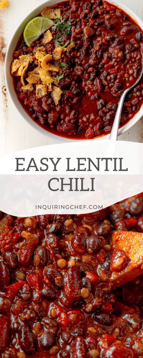 Fast and easy Lentil Chili has smoky, slightly spicy flavors, two types of beans, and lentils for loads of plant-based protein in a cozy bowl. Add your favorite toppings and dinner is served! #vegetarian #plantbased #chili #lentils #easydinner #easyrecipe #comfortfood Easy Vegetarian Chili, Lentil Chili Recipe, Vegetarian Chili Crock Pot, Beans And Lentils, Lentil Sausage Soup, Vegetarian Chili Easy, Vegetarian Chili Recipe, Lentil Chili, Slow Cooker Lentils