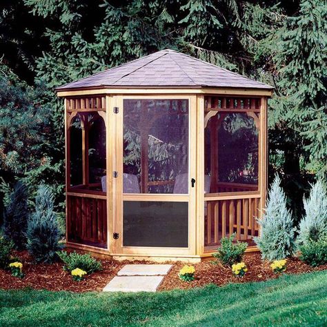 Features: -Includes self-closing hinges and door latch. -Provides protection from pesky insects. -Cedar framed panels with black fiberglass screen. -Screen door with reinforced plastic mesh over l Round Gazebo, Screen Porch Ideas, Enclosed Gazebo, Gazebo Curtains, Diy Gazebo, Screened Gazebo, Gazebos And Pergolas, Pergola Diy, Hot Tub Gazebo