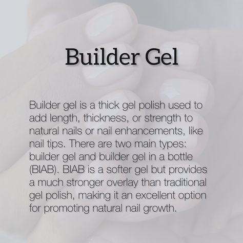 Have you ever given it a try? Once you do, you won’t regret it. Information about Builder Gel: Builder gel is a thick gel polish used to add length, thickness, or strength to natural nails or nail enhancements, like nail tips. There are two main types: builder gel and builder gel in a bottle (BIAB). BIAB is a softer gel but provides a much stronger overlay than traditional gel polish, making it an excellent option for promoting natural nail growth. @nails_by_ariga E-File Manicure/Pedicure... Builder Gel Manicure, Builder Gel On Natural Nails, Natural Nail Growth, Gel Overlay Nails, Nail Enhancements, Gel Builder, Natural Gel Nails, Builder Gel Nails, Builder Gel