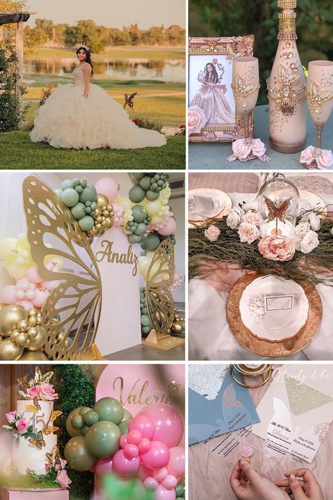 Quince Spring Themes, Butterfly Themed Birthday Party Dress, Butterfly And Flower Quinceanera Theme, Pink And Gold Butterfly Quince Theme, Spring Theme Quinceanera, Sweet Sixteen Butterfly Theme, Butterfly Theme Debut, Butterfly Garden Quinceanera Theme, Rose Gold Butterfly Quinceanera Theme