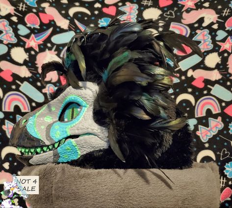 Tags: Blue Black Green Grey Feathers Dino Dinosaur Dinomask Furry Furry fandom Fursuit Fursona inspiration Raptor Fursuit, Raptor Masks, Paper Fursuit, Dinomask Ideas, Dino Masks, Dino Mask, Raptor Dinosaur, Glow In The Dark Paint, Dinosaur Mask