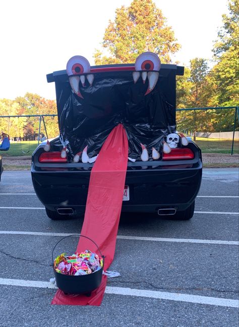 Lots of folks have SUVs for Trunk or Treat. We have a Dodge Challenger sedan. This was our effort amd i love it Trunker Treat Ideas, Trunk Ideas, Trunk Or Treat Ideas, Treat Ideas, Trunk Or Treat, Dodge Challenger, I Love It, Trunk, Mustang