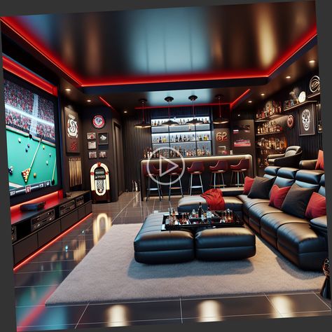 ✓Step inside this sleek...dern man cave with a striking black and red color theme. It's furnished with a leather sofa...colossal curved screen TV...top-class billiards table...vintage jukebox...well-stocked mini bar...d chic bar stools. The shine of neon lights casts a cozy yet vibrant allure on sports memorabilia each telling a story. Man Cave Luxurious, Man Cave Black Walls, Gaming Room Man Cave, Modern Man Cave Ideas Interior Design, Man Cave Gaming Room, Modern Man Cave Design, Man Cave Game Room Ideas, Game Room Ideas Family, Luxury Man Cave