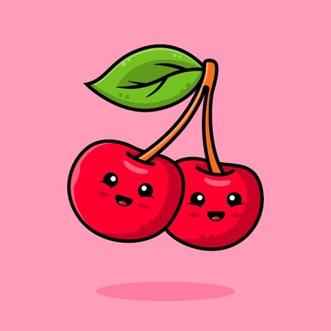 Cute smiling cherry cartoon icon illustr... | Premium Vector #Freepik #vector #cherry #cherry-background #food-character #cartoon-design Cherry Cartoon Drawing, Cherry Illustration Cute, Cherry Character Design, Cherry Art Drawing, Cute Cherry Drawing, Cute Fruit Drawings, Cartoon Cherries, Cherry Character, Cherry Cartoon