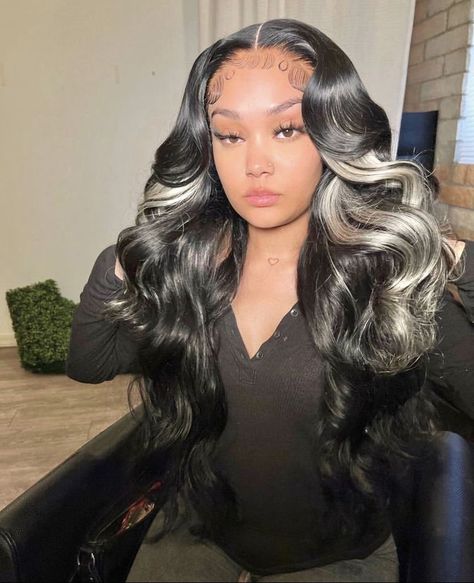 Middle Part Hairstyles Lace Wig, Middle Part Body Wave Wig With Highlights, Black Wig With White Highlights, Silver Gray Highlights, Middle Part Quick Weave, Colored Human Hair Wigs, Gray Highlights, 4a Natural Hair, Vision Bored