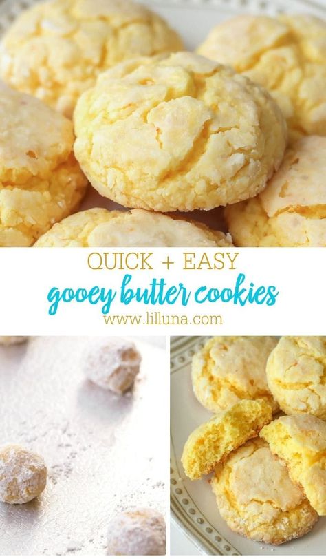 These Gooey Butter cookies are made with a yellow cake mix, butter, cream cheese, and a few additional ingredients. They are so gooey, chewy, and moist - it's impossible to resit them! #gooeybuttercookies #buttercookies #cookies #gooeycookies #cookierecipe Cake Cookies Christmas, Cake Box Cookies Recipes, Easy Butter Cookie Recipe, Gooey Butter Cake Cookies, Gooey Butter Cookies Recipe, Cake Mix Cookies Recipes, Yellow Cake Mix Cookies, Easy Cake Mix Cookies, Ooey Gooey Butter Cookies