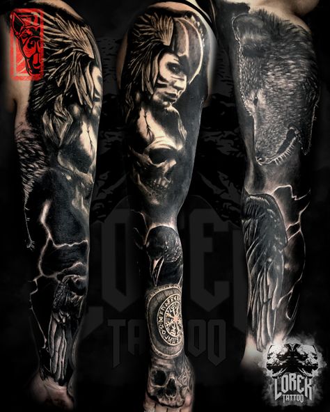 Viking Themed Tattoo, Norse Theme Tattoo, Viking Theme Tattoo, Nordic Sleeve Tattoo, Nordic Tattoo Sleeve, Theme Tattoo Sleeve, Art Viking, Realistic Tattoo Sleeve, Theme Tattoo