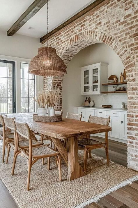 Brick Wall Dining Room, Farm Houseplans Interior, European Farmhouse Kitchen, Brick Wall Kitchen, Bathroom Counter Decor Ideas, Farm Style House, Farm Dining Table, Sweet Home Design, Bathroom Counter Decor