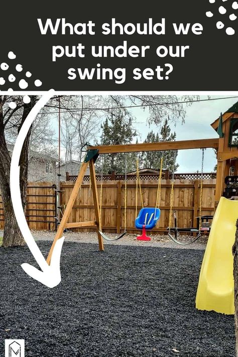 It's so easy to become overwhelmed with the number of options for playground bases! Here's is a breakdown of the best 5 options for the base of your playground to help chose the best one for your family! #playground #kids #base Cheap Diy Outdoor Play Area, Backyard Play Set Ideas, Playground With Pea Gravel, Patio Playground Ideas, Ground Under Swingset, Home Outdoor Playground Ideas, Backyard Playset Landscaping Ideas, Pergola Play Area, Astroturf Play Area