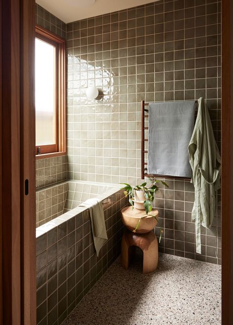 Mountain Inspired Bathroom, Small Tiled Bathroom, Mid Century Bathroom Remodel, April Inspiration, Courtney Adamo, Fishing Shack, Indian Hills, Bathroom Plan, Mid Century Modern Bathroom