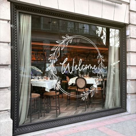 Window Marketing, Spring Welcome Sign, Front Entrance Decor, Wreath Window, Store Front Windows, Front Shop, Shop Vinyl, Shop Window Stickers, Floral Signs