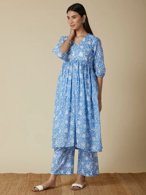 Buy Blue Off White Hand Block Printed Mulmul Gathered Kurta with Palazzo- Set of 2 | ATS26JAN129/ATS26JAN | The loom The Loom Suits, The Loom Kurtas, Suit Designs Indian Style, Afreen Khan, डिजाइनर कपड़े, Cotton Dress Pattern, Kurtis Design, Cotton Night Dress, Silk Kurti Designs