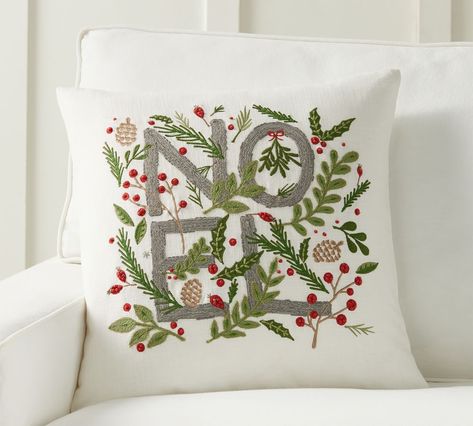 Green White Gold Christmas, Pillow Case Embroidery, White Gold Christmas, Pottery Barn Christmas, French Knot Embroidery, Christmas Cushion, Holiday Greenery, Bird Pillow, Embroidered Pillow Covers