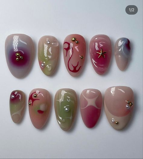 Genshin Nails, Doodle Nails, Earth Nails, Fairy Nail Art, Lamp Nails, Grunge Nails, Pretty Gel Nails, Really Cute Nails, Japanese Nails