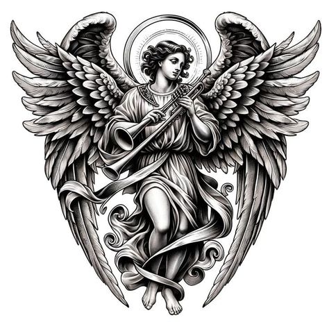 Gabriel Tattoo Design, Gabriel Angel Tattoo, St Gabriel Archangel Tattoo, Angle Tattoo For Men, Gabriel Tattoo, Angel Sleeve Tattoo, Angle Tattoo, Rose Line Art, Archangel Tattoo