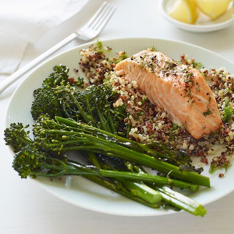 Salmon With Quinoa, Broccolini Recipe, Meal For One, Salmon Quinoa, Salmon And Broccoli, Steamed Broccoli, Positive Changes, Cooking Salmon, Broccoli Recipes