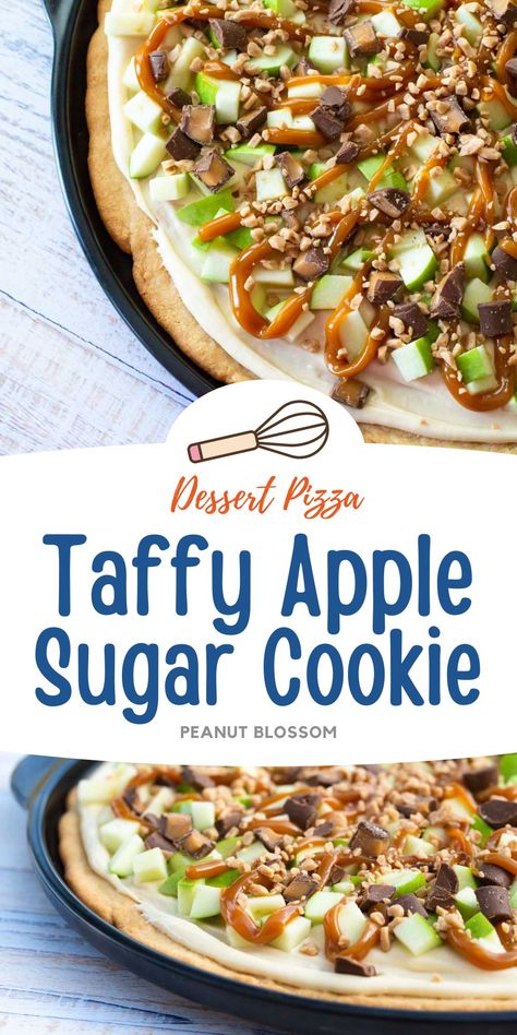 This ooey-goey caramel apple pizza with sugar cookie crust is such a fun way to use up leftover Halloween candy for a dessert your kids will love. Dessert Pizza In Pizza Oven, Fall Dessert Pizza, Turkey Fruit Pizza, Apple Pizza Dessert Easy, Caramel Apple Pizza Dessert, Fruit Pizza Thanksgiving, Cherry Pizza Dessert, Christmas Dessert Pizza, Thanksgiving Fruit Pizza