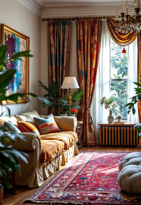 Boho Bedroom Curtain Ideas Sari Curtains Ideas, Boho Living Room Curtains, Boho Drapes, Boho Curtains Living Room, Dip Dye Curtains, Ethnic Bedroom, Sari Curtains, Arranging Furniture, Boho Bedrooms