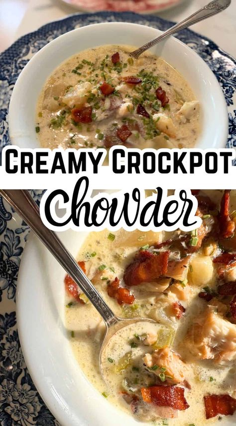 This easy recipe makes the best creamy fish chowder in 3 simple steps: prep, cook, and finishing touches! Perfect for busy weeknight dinners and chilly fall dinners! #crockpotmeals Slow Cooker Seafood Chowder, Crockpot Seafood Recipes, Crockpot Fish Recipes, Crockpot Fish, Slow Cooker Fish Recipes, Fish Chowder Recipe, Creamy Fish, Pescatarian Meals, Creamy Soups