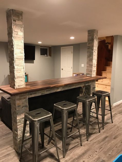 Basement Bar Around Support Beam, Mini Bar In Basement Ideas, Basement Support Pole Ideas Bar, Basement Counter Bar Ideas, Bar With Post, Small Basement Bar Ideas Farmhouse, Basement Bar Between Columns, Basement Bar Between Support Beams, Bar Between Basement Poles