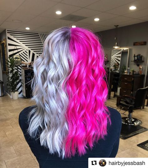 #Repost @hairbyjessbash with @get_repost ・・・ 💎💗 . . . . . #hair#hairbyjessbash#colorjunkiejess#heatwavesalonridgecrest #pink#pinkhair… Split Pastel Hair, Split Dye Hair Ideas Blonde, Split Hair Color Ideas Blondes, Awesome Hair Color, Paint Makeup, Split Dye, Split Dyed Hair, Vivid Hair Color, Rosa Neon