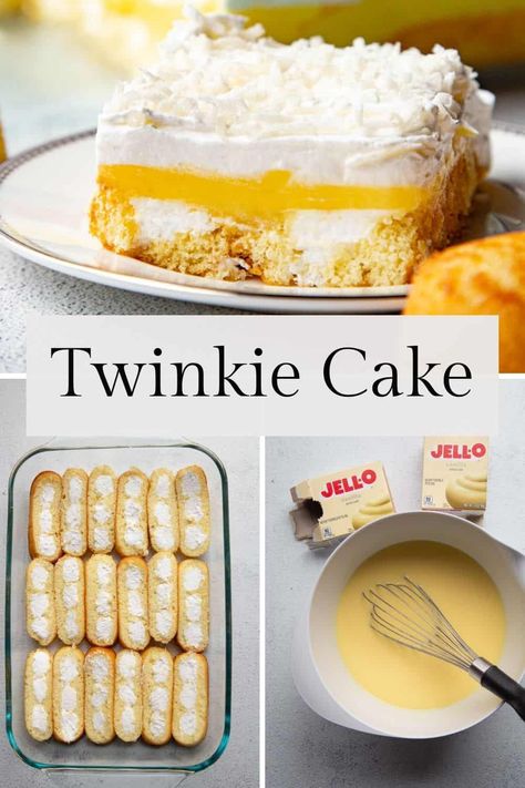 Love Twinkies? Don't miss this cool and creamy Twinkie Cake, made with a whole box of Twinkies! Twinkie Desserts, Lemon Desserts Cake, Hot Dog Cakes, Twinkie Cake, Vintage Cakes, Cold Desserts, Refreshing Desserts, Bake Dessert, Cake Bars