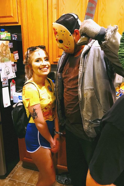 Jason Voorhees Couple Costume, Jason And Camp Counselor Costume, Crystal Lake Counselor Costume, Camp Crystal Lake Counselor Costume, Jason Voorhees Halloween Costume, Camp Crystal Lake Counselor, Halloween Decorations Diy, Horror Halloween Costumes, Diy Couples Costumes