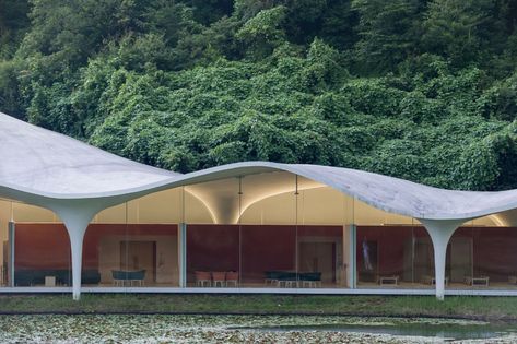 Meiso no Mori Funeral Hall – Toyo Ito – Iwan Baan Social Housing Architecture, Toyo Ito, Architecture Design Drawing, Small Lake, Architecture Design Concept, Gifu, Entrance Gates, Roof Design, Concept Architecture