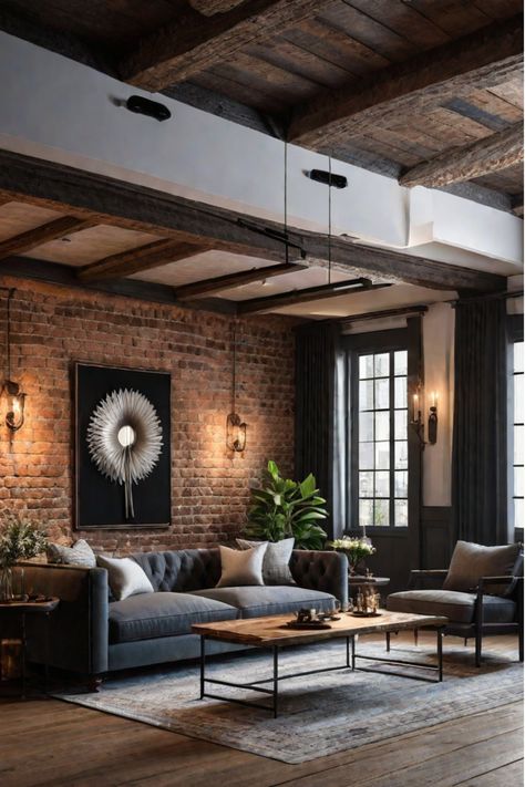 Cozy living room with a mix of textures and warm tones Black Brick Living Room Wall, Living Room Designs Exposed Brick, Exposed Brick Dark Walls, Industrial Living Room Brick Wall, Small Moody Living Room, Living Room With Exposed Brick, Loft Apartment Industrial Exposed Brick Interior Design, Industrial Chic Interior, Wood Coffee Tables