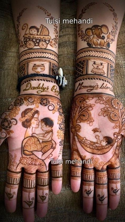 1st Anniversary Mehendi Designs, Srimantham Mehendi Designs, Beby Savar Mehndi, Mundan Mehndi Design, Pregnancy Mehndi Design, Cartoon Mehendi, Mom To Be Mehendi Design, Baby Shower Mehndi Designs Hand, Baby Shower Mehendi Designs