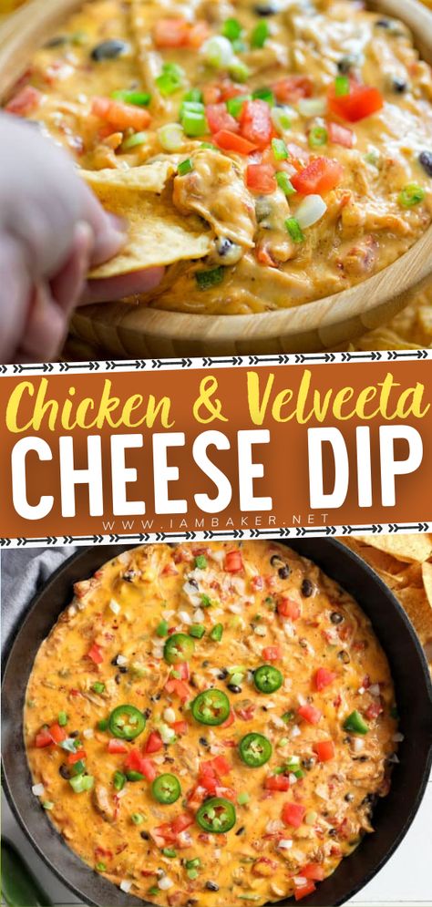 Excited for game day? Chicken and Velveeta Cheese Dip has all the flavors of rotisserie chicken, Velveeta cheese cubes and fresh veggies. Its as simple as dumping all of the ingredients in a skillet and baking it. This dip for game day will surely be a family favorite! Save this game day idea! Chicken Velveeta Dip, White Velveeta Recipes, Dips With Velveeta Cheese, Chicken Velveeta Recipes, Velveeta Dip Recipes, Velvetta Cheese Dip, Velveeta Dip, Game Day Chicken, Queso Dip Velveeta