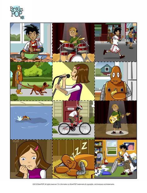 BrainPOP ELL Printable Activities | BrainPOP Educators Brain Pop, Picture Prompt, Verb Practice, Verb Words, Singular And Plural Nouns, Sentence Activities, Action Pictures, Create A Comic, Character Actions