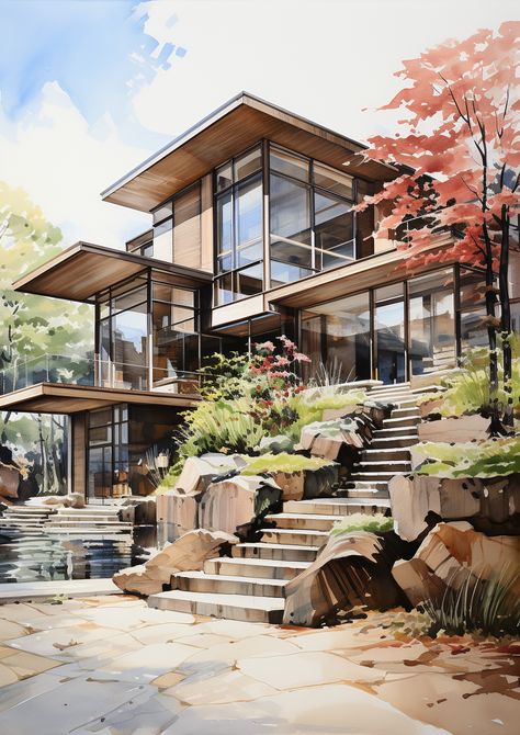 Made In Midjourney by @sweetmimiqt Ipad Architecture, Modern Exterior Design, Architecture Drawing Plan, Interior Design Plan, Modern Architecture Design, Watercolor Architecture, Interior Design Sketches, Casas The Sims 4, Architecture Design Sketch