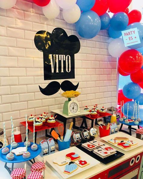 Vito's Chef birthday party | CatchMyParty.com Baking Birthday Party Ideas, Chef Decorations, Baking Birthday Party, Kids Cooking Party, Baking Birthday Parties, Italian Party, Chef Party, Diy Birthday Cake, 41st Birthday