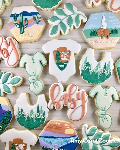 National Park Gender Reveal, National Park Baby Shower Cookies, Baby Shower National Park Theme, National Park Baby Shower Ideas, National Park Cookies, Camp Theme Baby Shower Ideas, Mountains Baby Shower Theme, National Park Themed Baby Shower Ideas, Baby Shower Mountain Theme