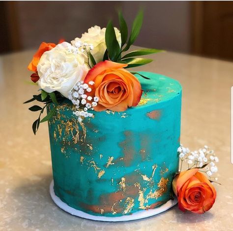 Dark Teal And Rust Orange Wedding Cake, Teal Birthday Cake For Women, Orange And Blue Wedding Cake, Teal And Orange Wedding Cake, Turquoise Cake Ideas, Teal Cake Ideas, Blue And Orange Cake, Teal Birthday Cake, Western Theme Cakes