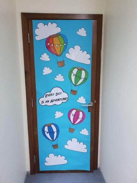 Hot Air Balloon Door Classroom, Up Themed Classroom Door, Hot Air Ballon Themed Classroom Door, Nursery Door Decoration, Hot Air Balloon Classroom Theme Bulletin Boards, Hot Air Ballon Bulletin Board Ideas, Door Decorations For Preschool Classroom, Nursery Door Decorations Classroom, Sky Theme Classroom Decorations