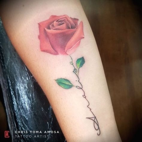 Rose Tattoo With Words As Stem, Stem Rose Tattoo, Momma Tattoo, Matilda Tattoo, Rose Stem Tattoo, Forearm Tats, Name Flower Tattoo, Rose Tattoo With Name, Medusa Drawing