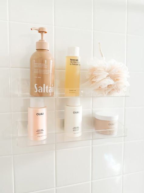 Shower Organization Ideas, Ouai Leave In Conditioner, Bathroom Vanity Ideas, Bathroom Shower Organization, Craft Spaces, Small Bathroom With Shower, Standing Shower, Small Bathroom Organization, Shampoo And Conditioner Set